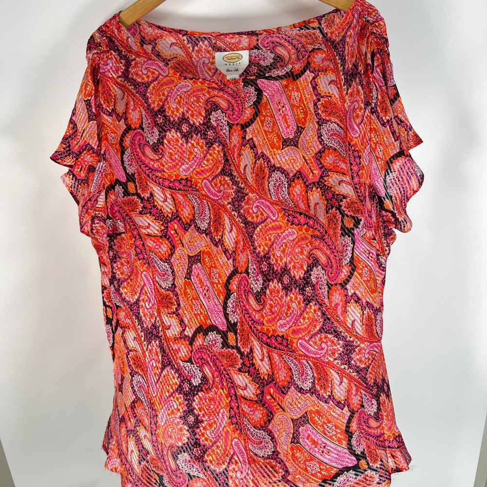 Talbots Woman Pure Silk Paisley Flutter Sleeve Blouse Pink Orange 24W Feminine